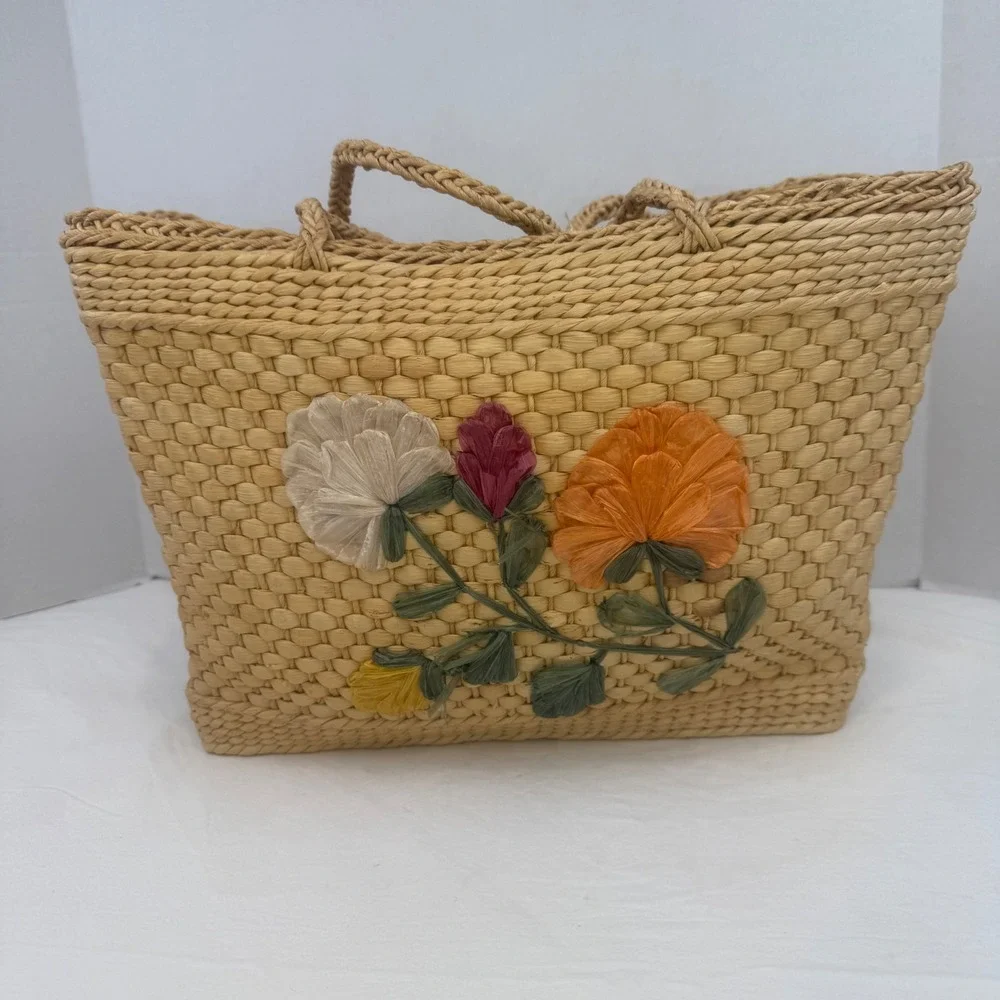 Vintage Woven Straw Tote Bag Raffia Floral Embroidery Boho Basket Beach Bag Tan - Picture 2 of 14